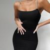 Women Spring Summer Sleeveless Spaghetti Strap Black Dress Sexy Chain Bodycon Hip Mini Dresses
