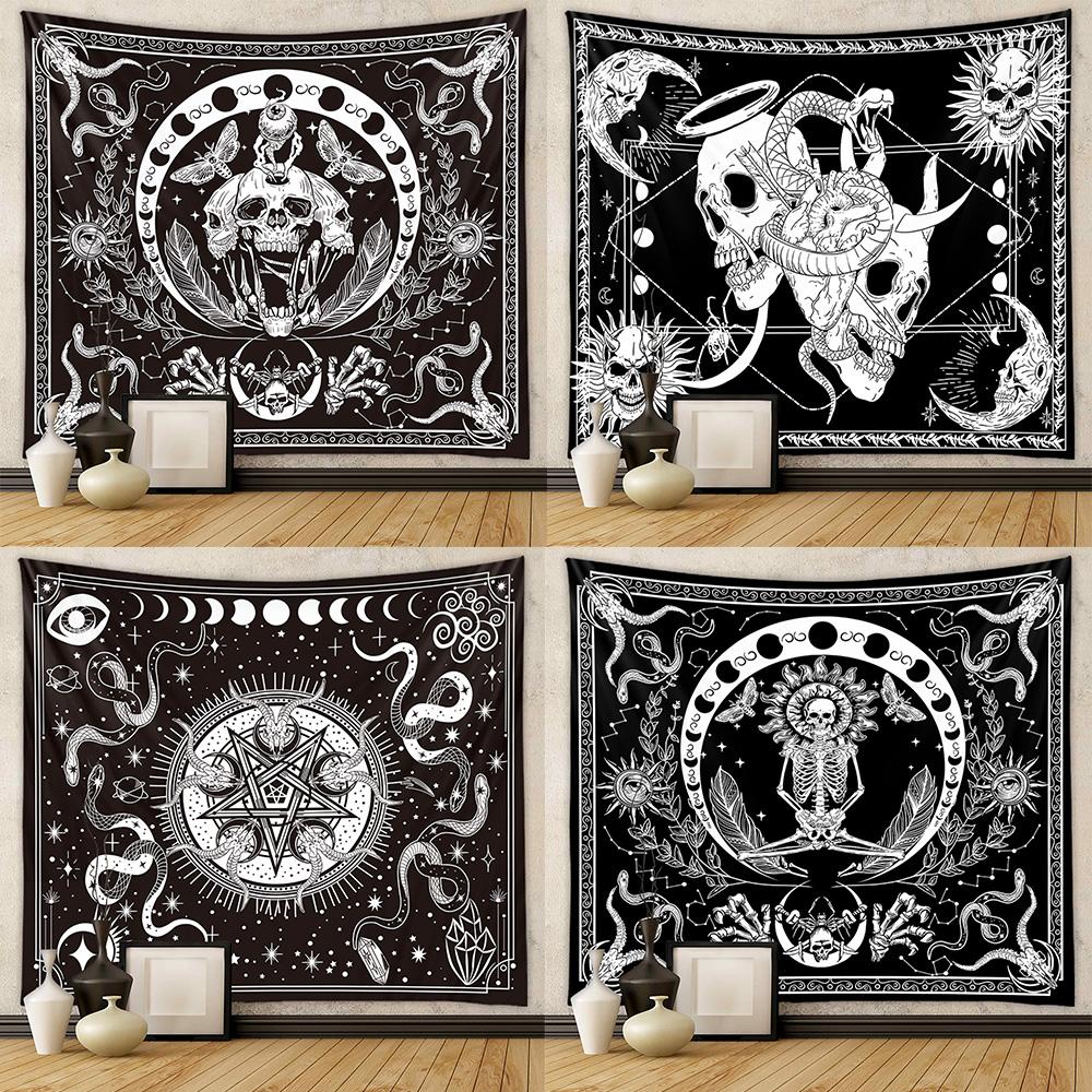 Черно-белая эстетика Скелет змеи и мотылька Хэллоуин Холодная луна Ужасы Готический настенный декор для спальни гобелен