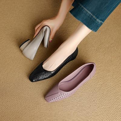 Модные женские новые кожаные овчинные полые дышащие туфли с квадратным носком, мягкие и удобные, на низком ходу, с перфорацией