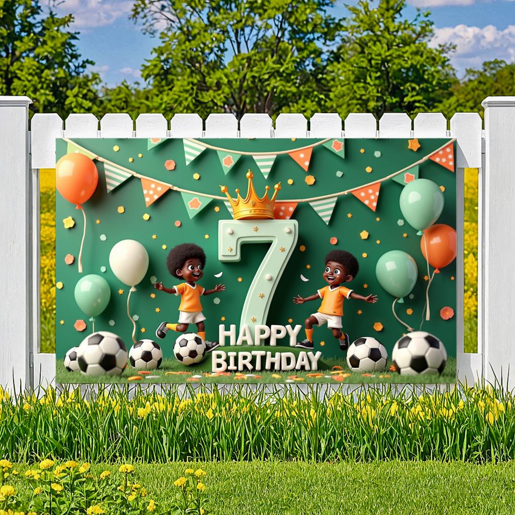 Happy 7th Birthday Banner Soccer Theme Kids Decoration Football Event Party Backdrop for Indoor Celebration Playground P