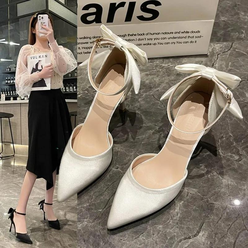 Модные элегантные туфли-лодочки с бантом на тонком каблуке, женские туфли с острым носком и ремешком на щиколотке, свадебные туфли для вечеринок, летние босоножки, женские туфли на высоком каблуке для невесты