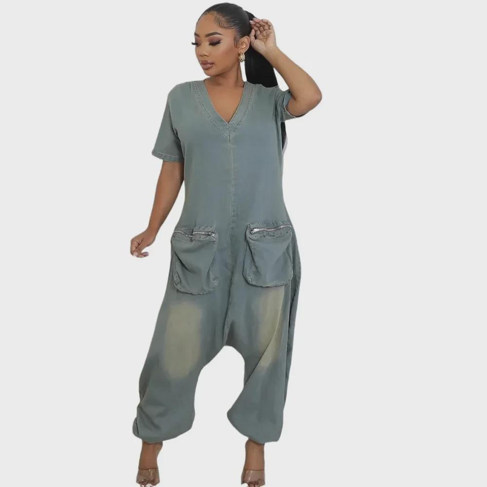 European & American Women's Loose Denim Jumpsuit with Large Pockets