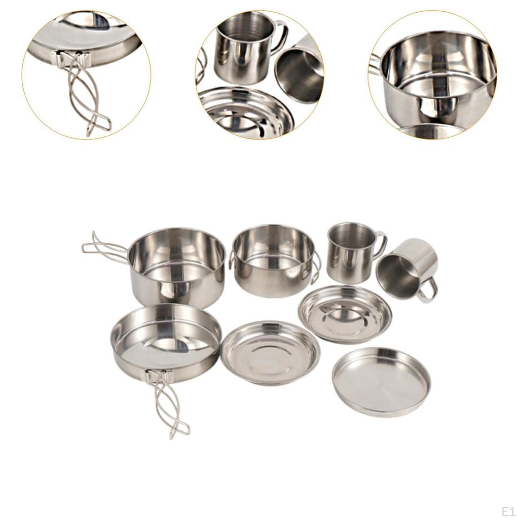 8x Camping Cookware Mess Kit Utensils Set Folding Handle Cookset Pot Pan Cup Gear Outdoor