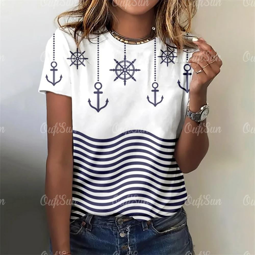 Новый стиль, футболка для женщин, топ с 3D принтом «Якорь», летние футболки большого размера для женской одежды, женская мода с круглым вырезом, большие размеры