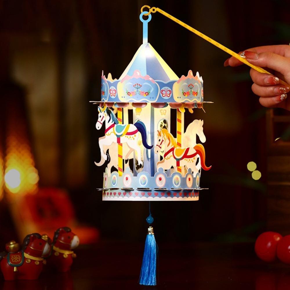 Creative 3D Cartoon Carousel Lantern PVC Waterproof Handheld Lantern Handmade Chinese Style Portable Lanterns New Year