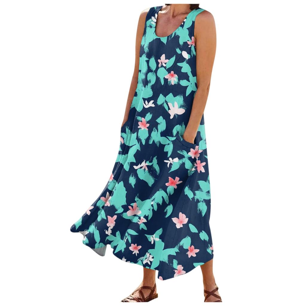 Женские модные летние повседневные платья без рукавов с цветочным принтом и маленькими карманами