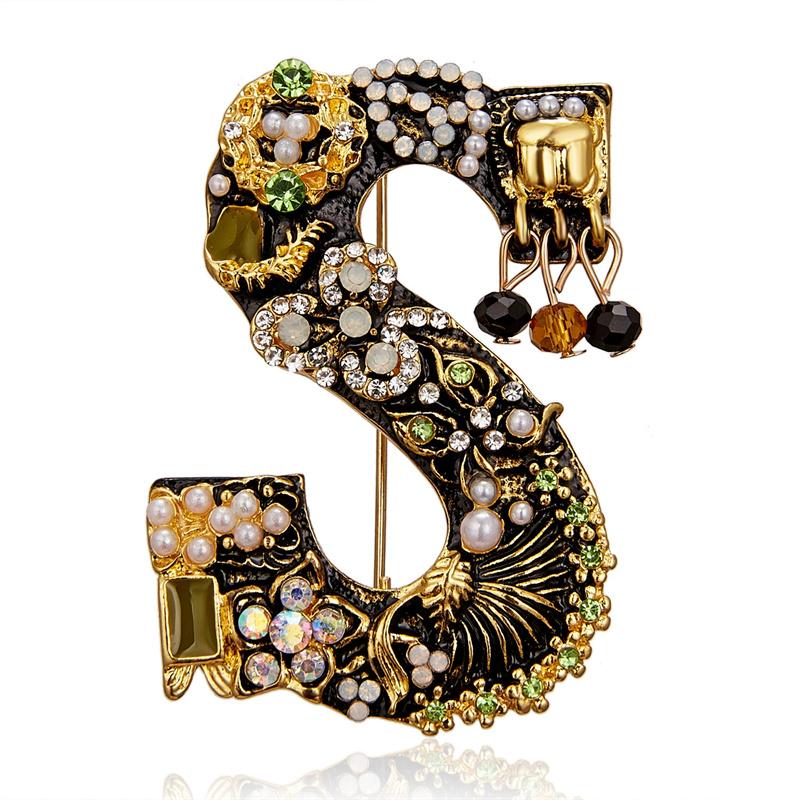 Vintage Letter A D G S M Enamel Imitation Pearls Brooches Women Baroque Alphabet Initial Pins Wedding Jewelry