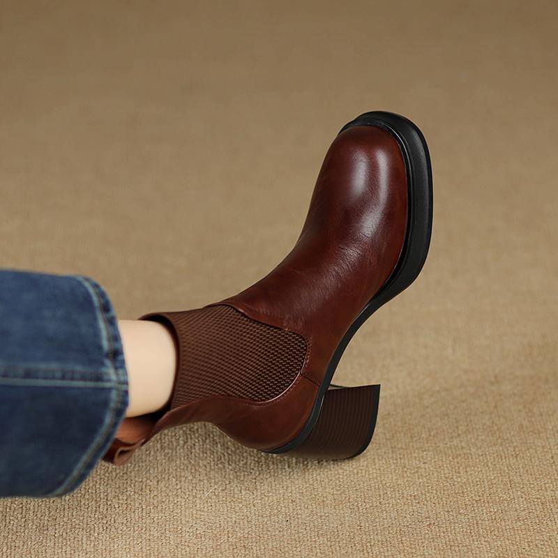 Натуральная кожа ретро круглый носок резинка толстая подошва высокий каблук 2025 новые черные короткие ботинки женские туфли челси ботильоны