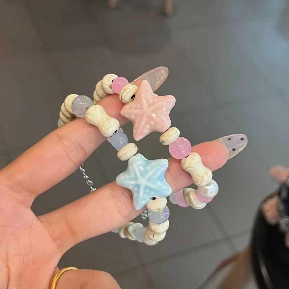 Y2K Colorful Beaded Bracelets Pink Blue Beaded Bangle Cute Starfish Bracelet Marine Accessories