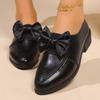 Bow Block Heel Small Leather Shoes Women's Pointed Toe Deep Mouth Lace-Up Front Plus Size Versatile Kitten Heel Single