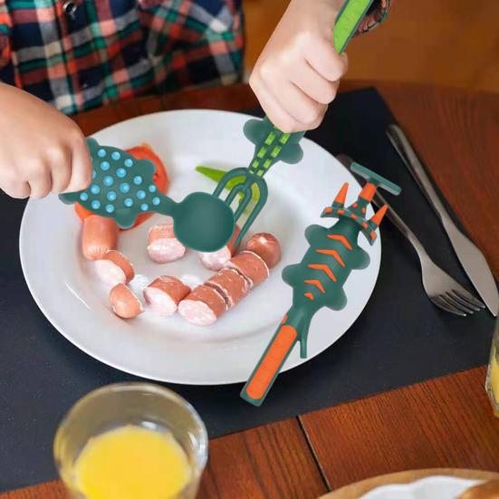 Dinosaur Toddler Utensils Set Fork Spoon Pusher Kids Cutlery Set for Fun Mealtime Adventures BPA-Free Kitchen Utensils for Self-Feeding Independence