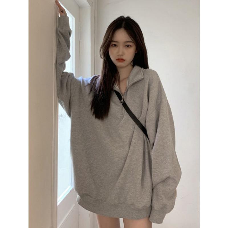 Повседневные свободные толстовки женские корейские модные Kpop Polo Collar серые однотонные пуловеры 2024 осень уличная одежда