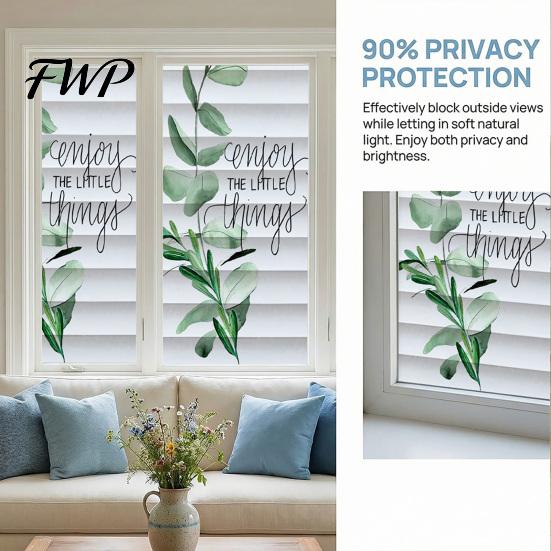 Repositionable Window Sticker Reeded Glass Privacy Film Non Adhesive Frosted Sun Blocking Cling Hanging Green Plants Decorative for Bathroom