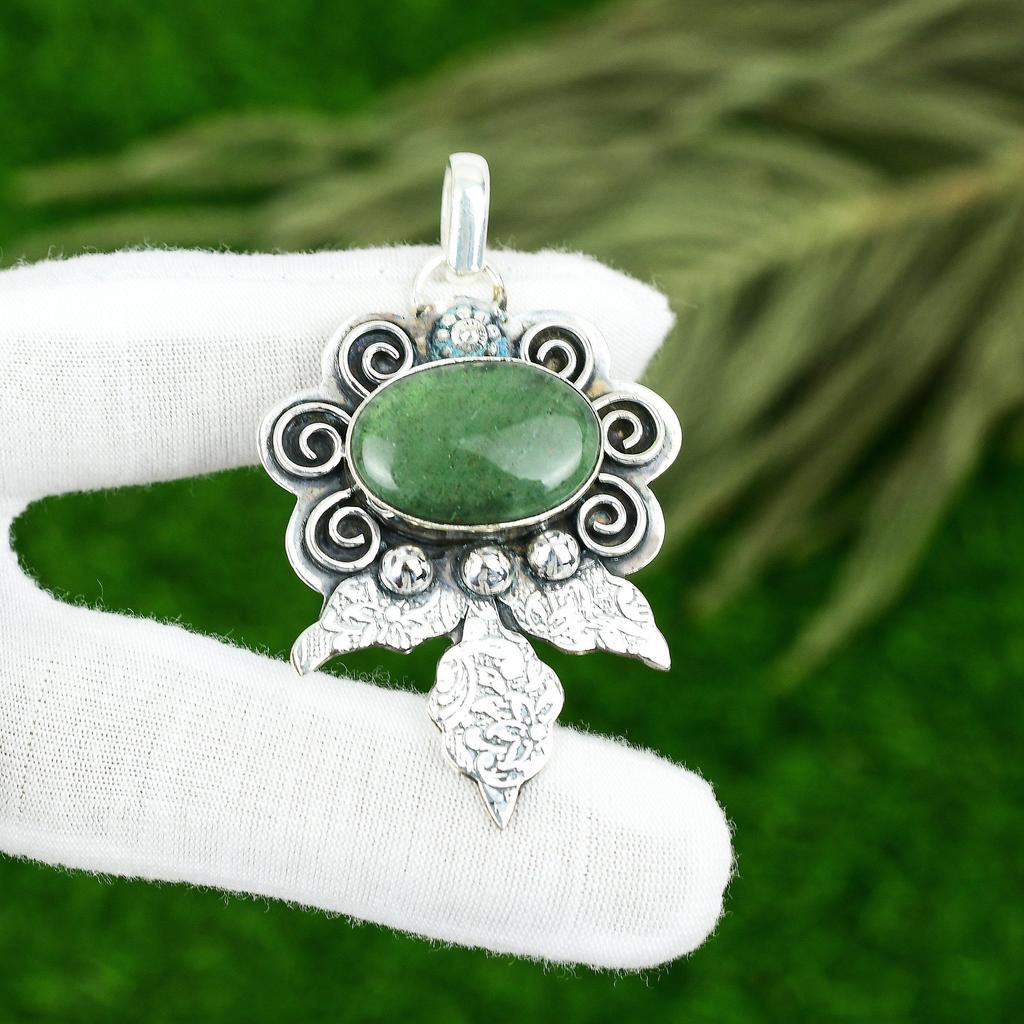 Friendship Day Deal 925 Silver Green Aventurine Gemstone Bezel Pendant Jewelry