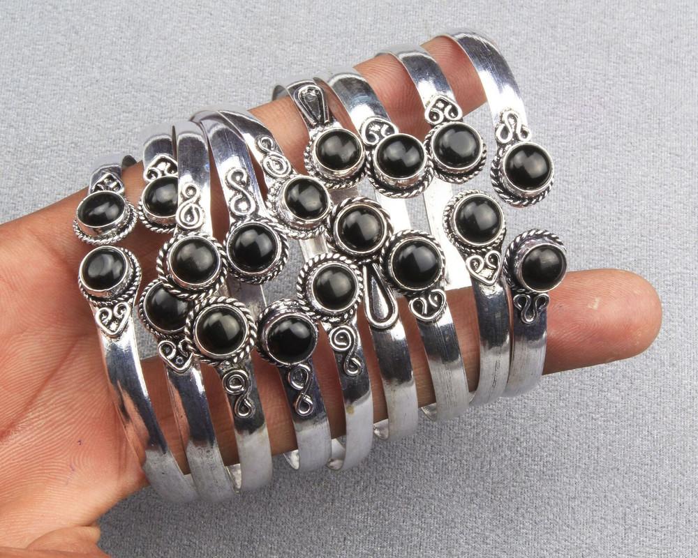 Black Onyx Gemstone 925 Sterling Silver Plated 5 PCs Cuff Bangle VI-58