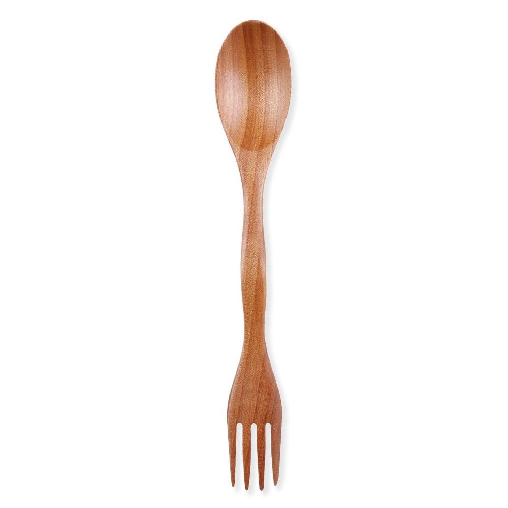 Cutlery Dinner Fruit Spoon Fork Natural Wood 2 In 1 Dual Head