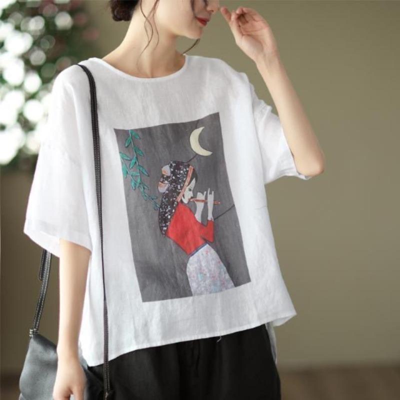 Летний льняной топ с ретро-принтом, женская свободная хлопковая льняная универсальная футболка с короткими рукавами