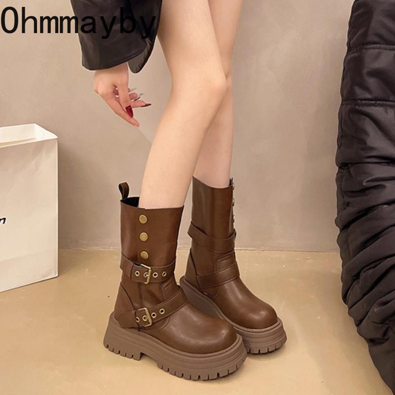 Winter Fashion Platform Women Knight Boots Designer Belt Buckle Thick Bottom Shoes Elegant Mid Calf Booties