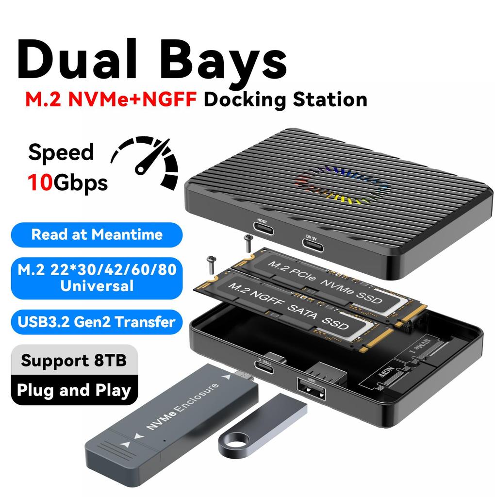 Dual Bay M.2 SSD Enclosure Dual Protocol M.2 NVMe SATA SSD Case Solid State Drive Docking Station USB3.2 GEN2 10Gbps SSD Adapter