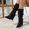 Eilyken Зимние женские ботильоны до середины икры со складками и острым носком, вечерние женские туфли на квадратном высоком каблуке в уличном стиле