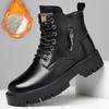 Genuine Leather  Cowboy Boots Men's High Top Winter Fleece Warm Cotton Boots British Tooling Snow Short Boots