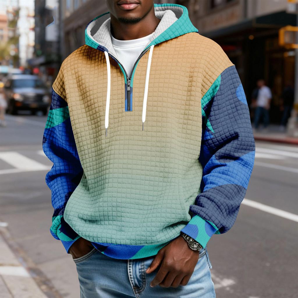 Мужской худи-пуловер в клетку с капюшоном на молнии до середины, со шнурком и принтом, повседневная спортивная толстовка