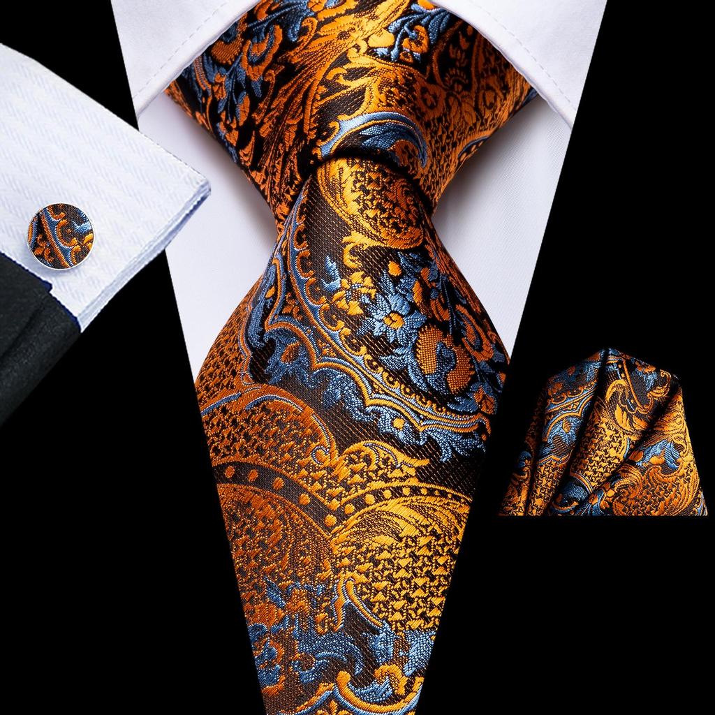 Hi-Tie Mens Silk Tie Gold Paisley Necktie Handkerchief Cufflinks Set for Business