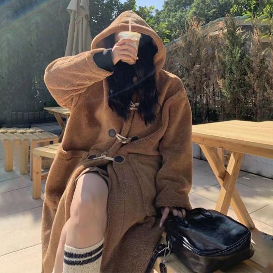 Женское зимнее пальто с капюшоном из плотного флиса, однотонное, с застежкой на роговые пуговицы, длинные рукава