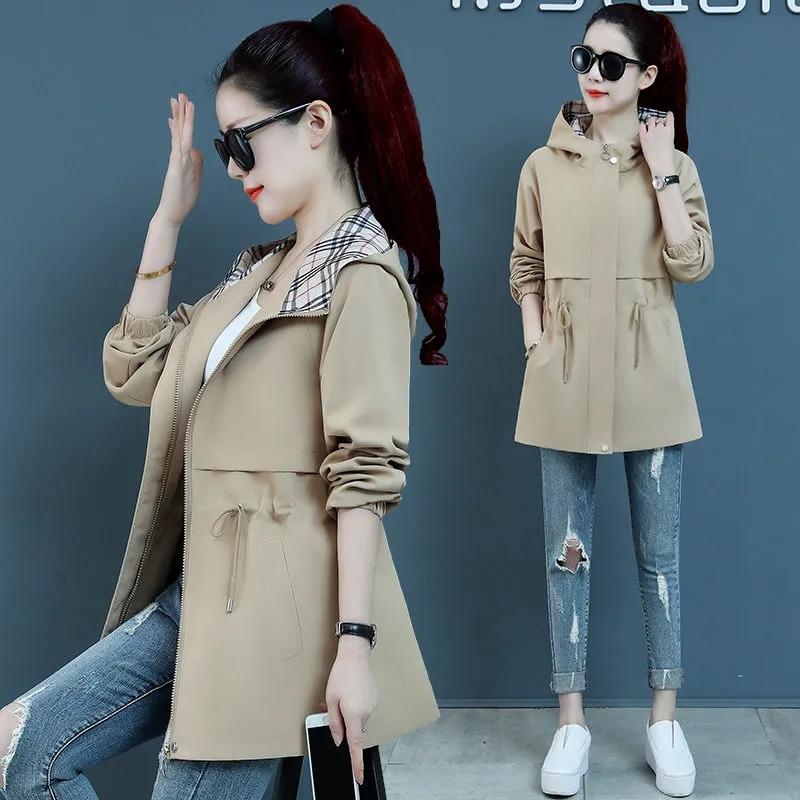 Женская куртка-тренчкот корейская весна-осень свободные длинные рукава короткие пальто женская ветровка с капюшоном верхняя одежда топы