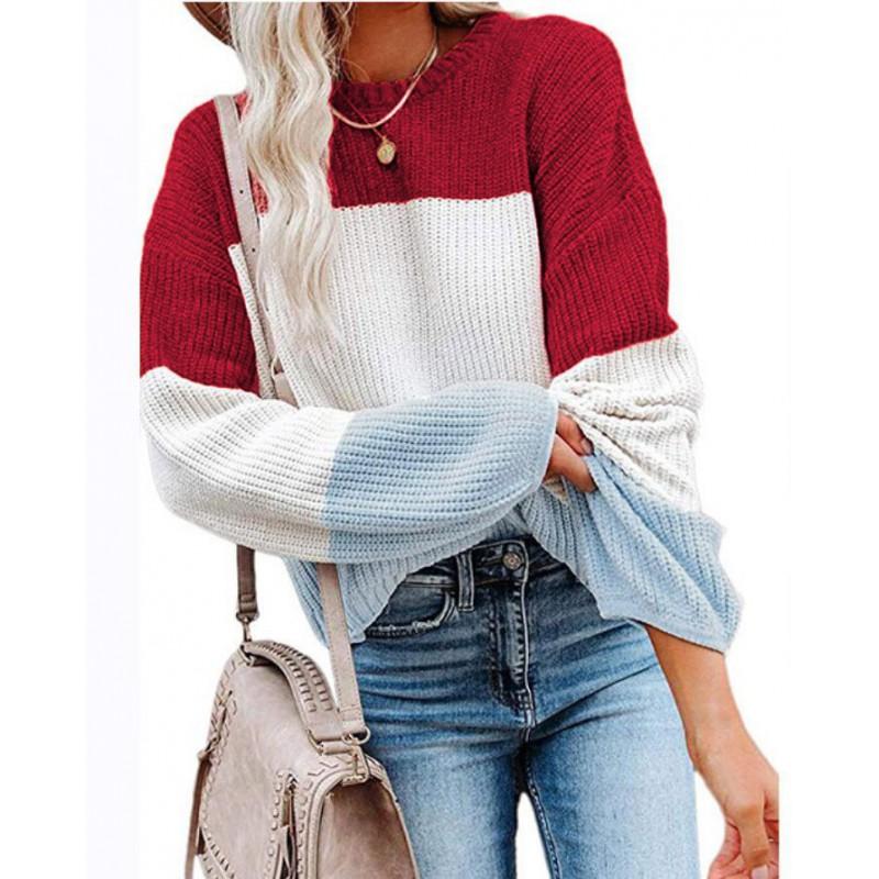 Womens Winter Loose Knit Sweater With Color Block Lantern Sleeves Round Neck Long Sleeve
