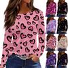 Women's Fashionable Long-Sleeved Round Neck Top with Slit Hem and Valentine's Day Heart Print