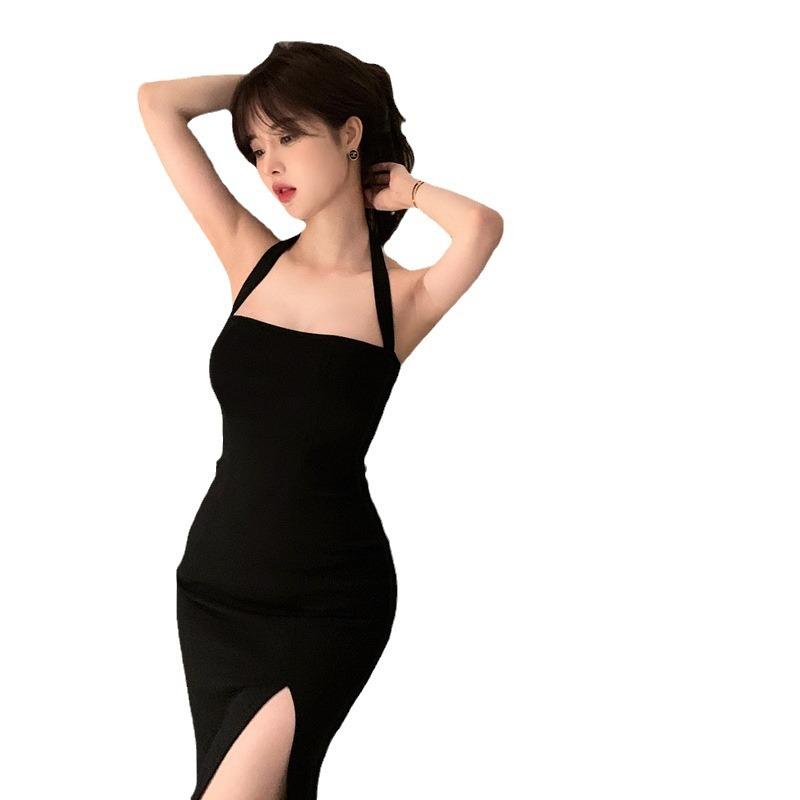 Sexy feminine neck dress, backless, thin, high split, medium and long dress, elegant suspender skirt