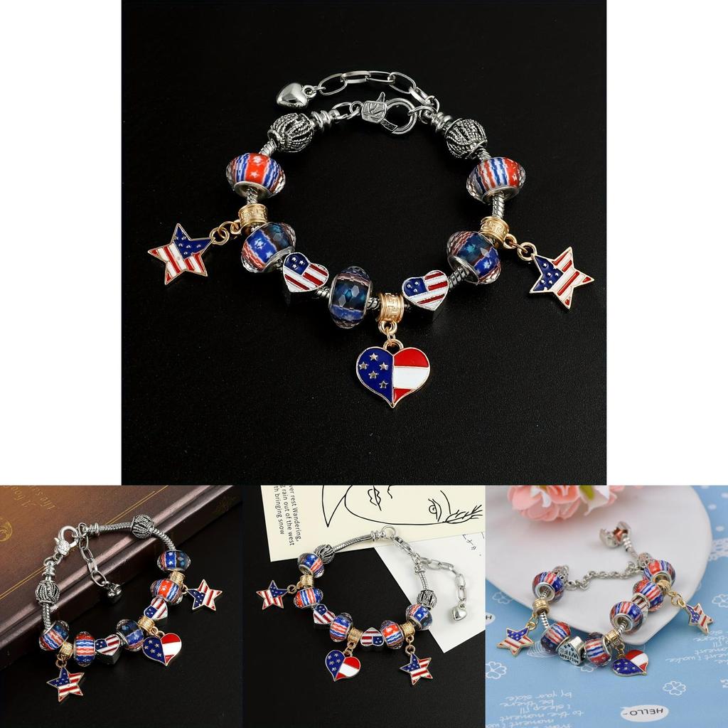 Стильные браслеты из цинкового сплава с бусинами в виде американского флага и звезды, идеально подходящие для подарков на День независимости