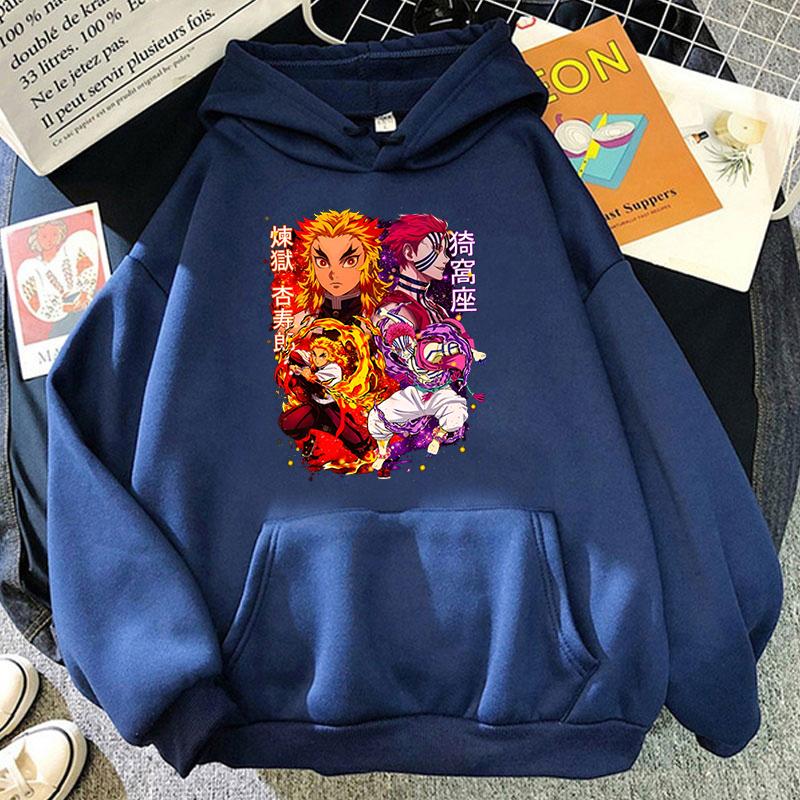 New Anime Rengoku Kyoujurou Akaza Print Hoodies Women Causal Tops Unisex Harajuku Long Sleeve Sweatshirts