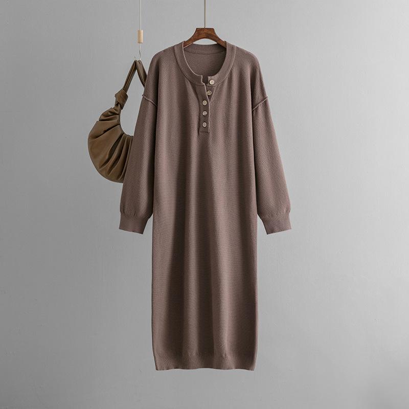 Women's Long Sleeve Button V Neck Oversized Dress Casual Loose Fit Waffle Knit Fall Midi Sweater Dress Trendy Outfits Solid Color Dress for Women
