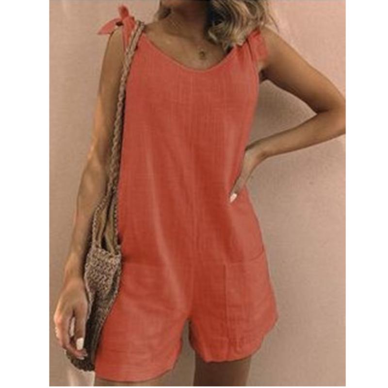 Summer Women's Solid Color Cotton and Linen Patch Pockets Loose Casual Jumpsuit Shorts Suspenders Overalls Bib Pants Sleeveless Jumpsuit