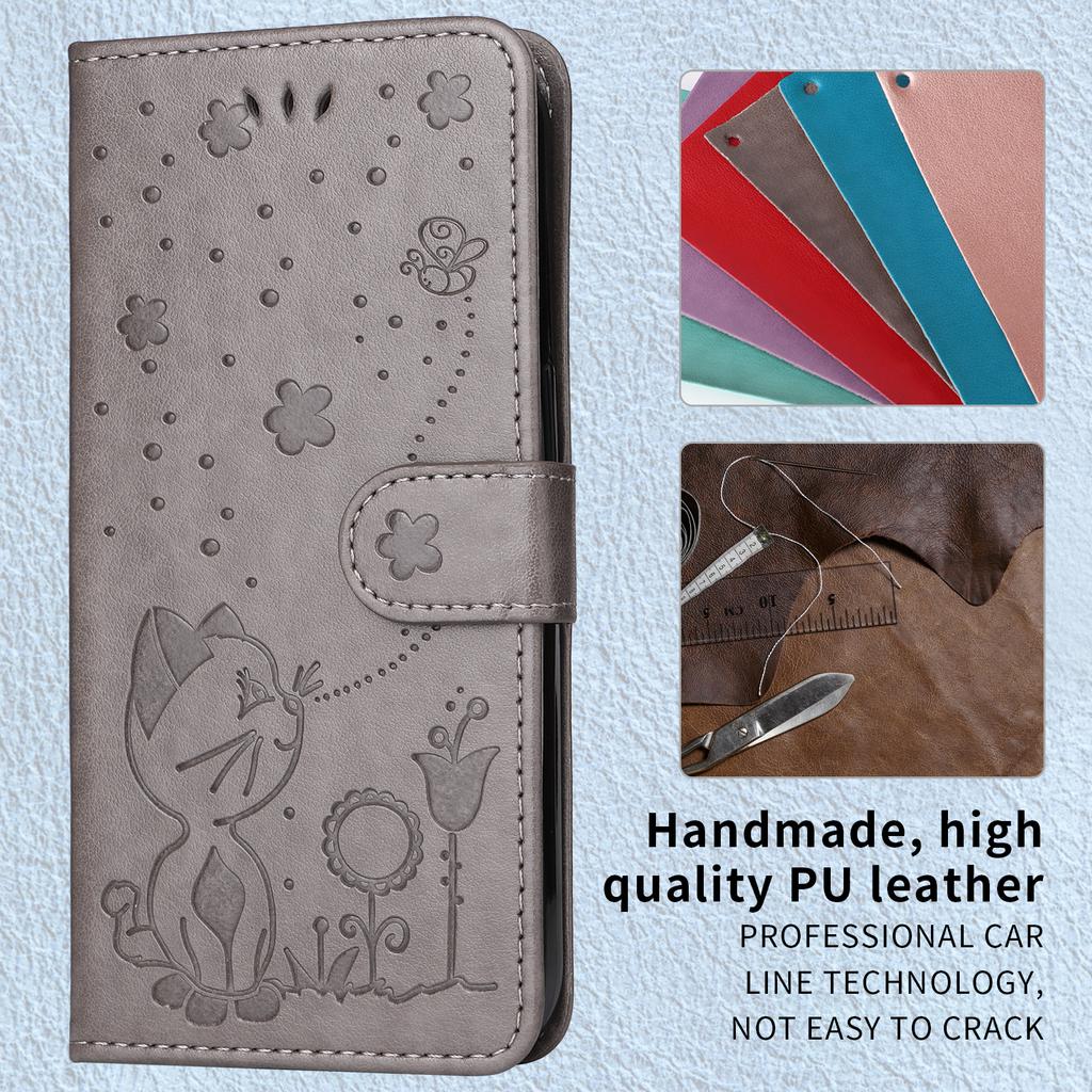 For iPhone 17 Pro Leather Wallet Case Cat Bee Pattern Phone Cover Stand