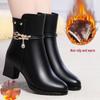 Plus Size 42 Rhinestone Pearl Mid-Heel Leather Mid-Calf Boots with Chunky Heel & Cotton Lining for Women