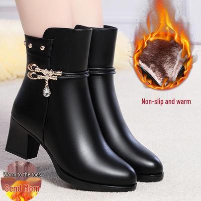 Большой размер 42 Кожаные полусапоги до середины икры на среднем каблуке с жемчугом и стразами, на массивном каблуке и с хлопковой подкладкой для женщин