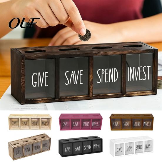 Wall Mounted Money Box Wooden Piggy Bank with 4 Compartments, Transparent Acrylic Box, Teaching Financial Literacy Skills Mounting Coin Container for