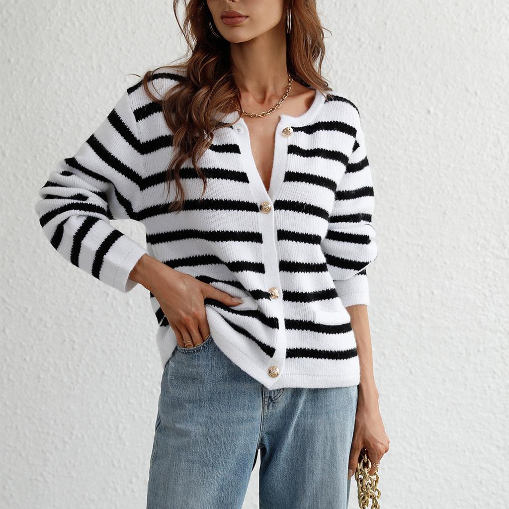 Women's Autumn And Winter Button Striped Knitted Cardigan Long Sleeve Sweater