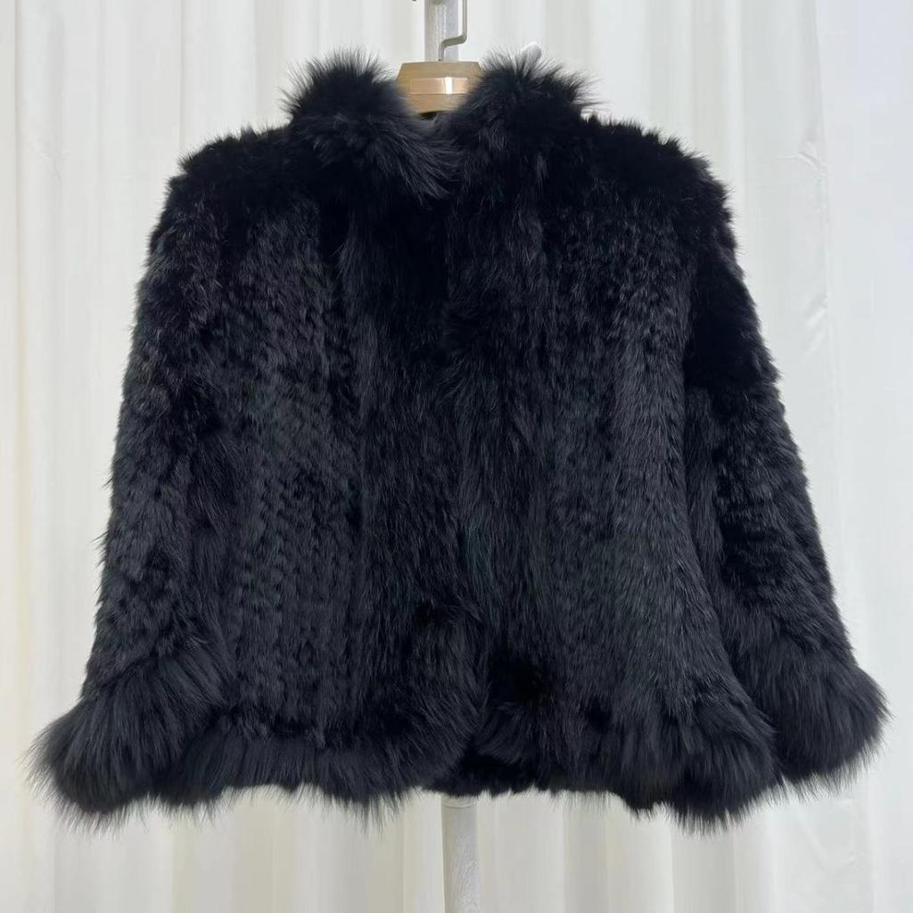 Real Rabbit Fur Braided Coat for Women Short Style Young Coat Fox Fur Bat Sleeve Shawl