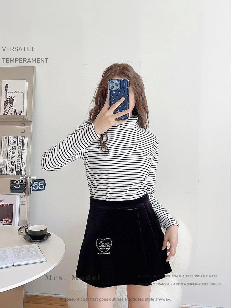 Женский полосатый велюровый пуловер со средней горловиной - Осенне-зимняя теплая приталенная рубашка с длинным рукавом