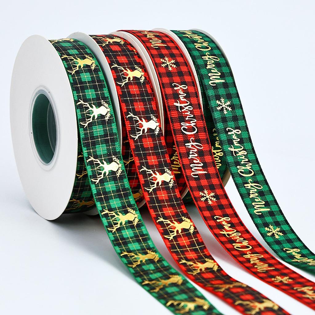 Gold Foil Checkered Christmas Ribbons 25 Yards/roll 2cm Width Assorted Set for Gift Wrapping Holiday Decor DIY Crafts