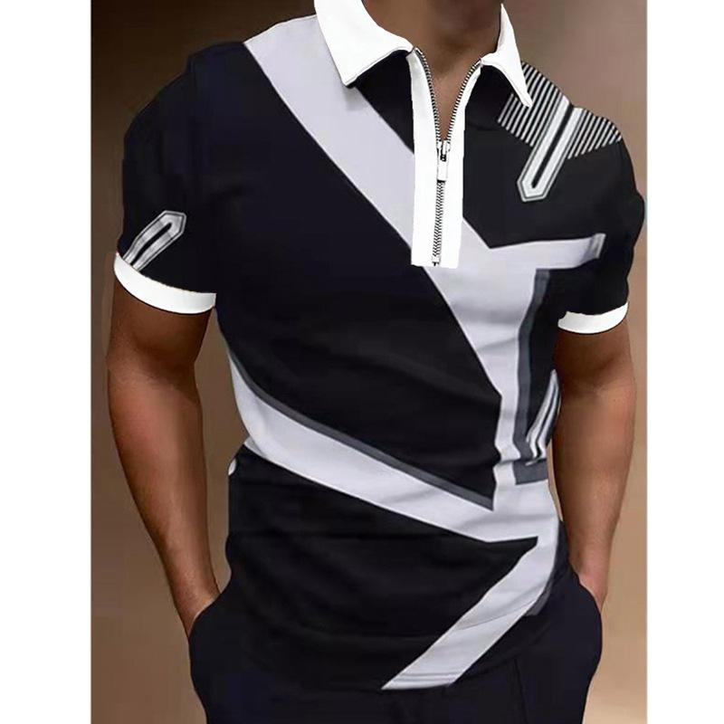 Trendy Short-sleeve Polo Shirt with Checkered Graphic, Zipper Collar, Stylish 2 Tone Design.