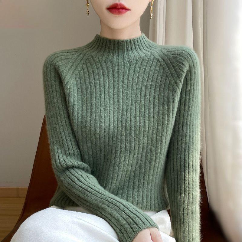 Осень Зима Женский Трикотаж Приталенный Полувысокий Воротник Однотонный Свободный Короткий Вязаный Свитер Базовый Слой