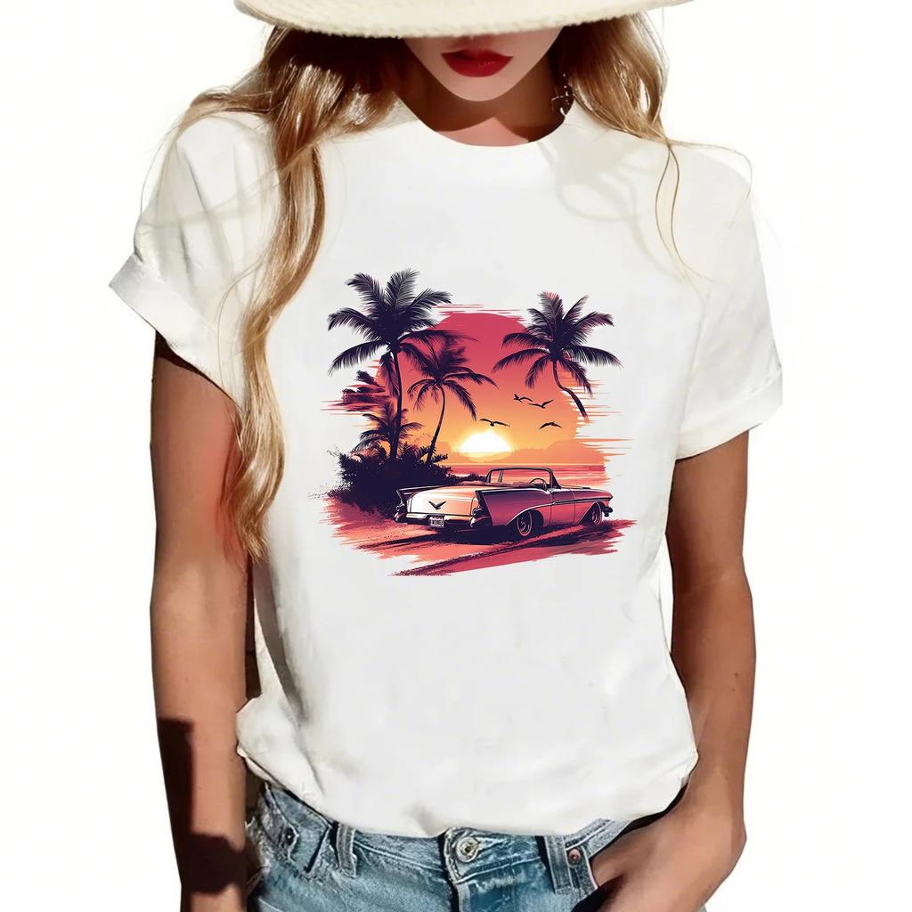 Женская повседневная футболка с круглым вырезом и короткими рукавами с принтом