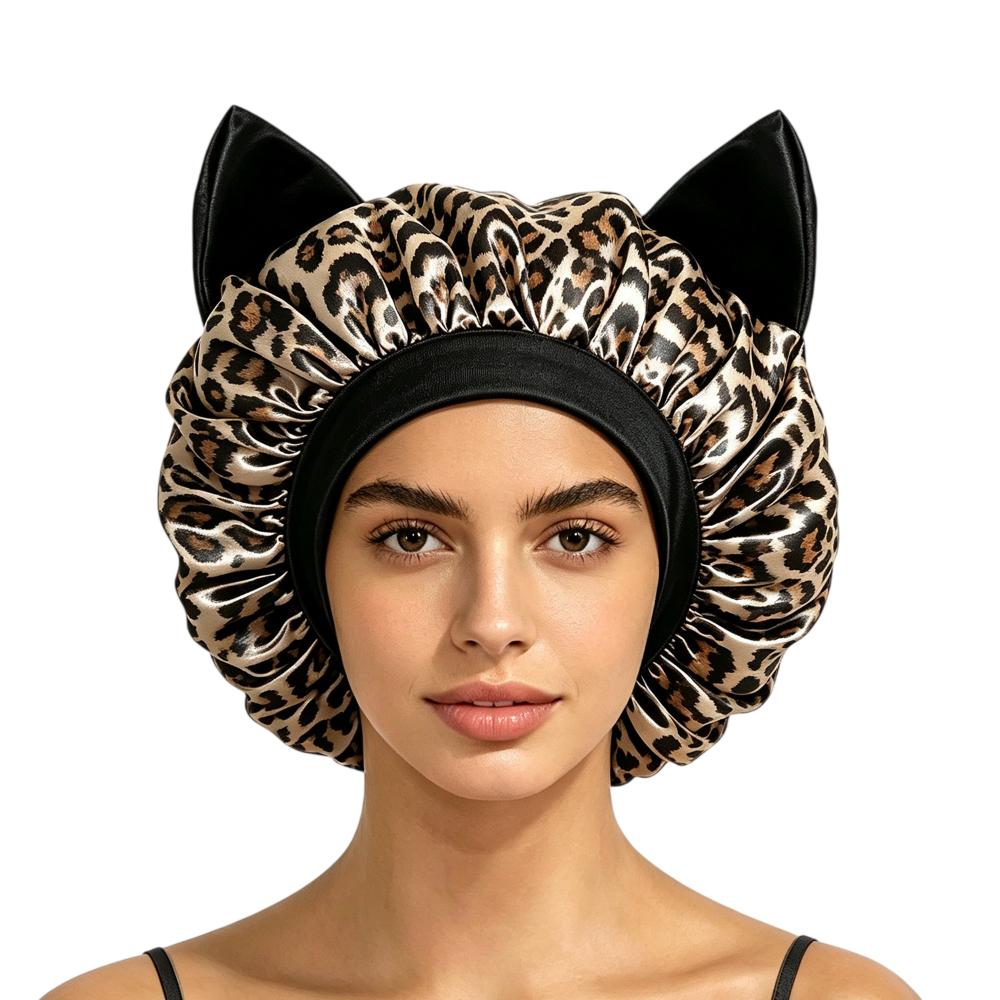 Elastic Band Cat Ear Sleep Cap Breathable Hair Protection Hat New Satin Hair Bonnet Night Sleep