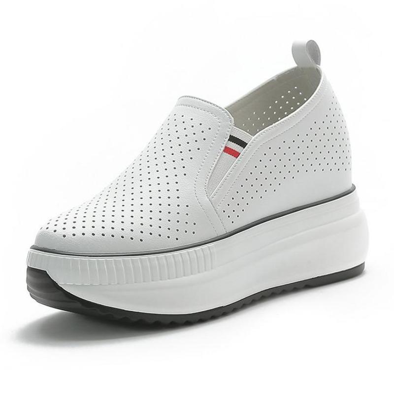 Мода 8СМ Натуральная Кожа Женские белые Туфли Кроссовки на Платформе Клиновидные Удобные Кожаные Дышащие Полые Женские Весенне-Летние Туфли 34 40