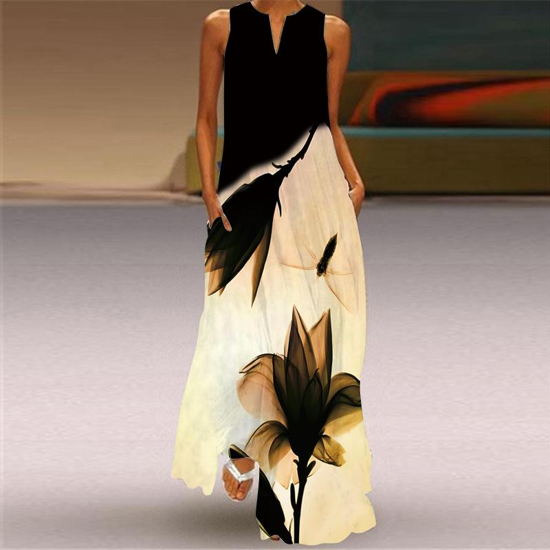 2026 New Summer Women's Sleeveless V-Neck Printed Sexy Dress Long Dress European and American Women's Clothing